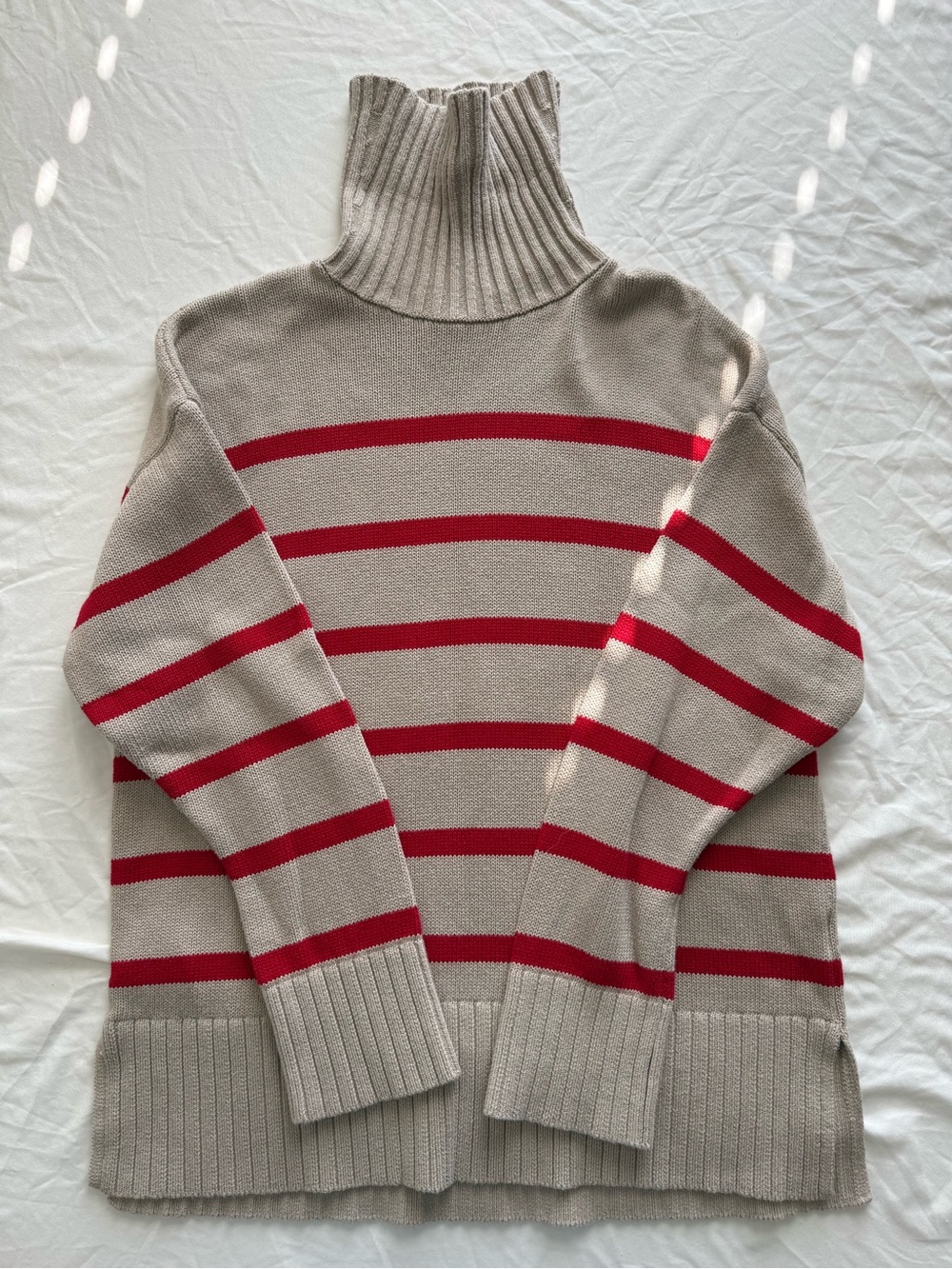 Old Navy M Beige Turtleneck Sweater with Red Stripes Cozy Fall Layers Minimal